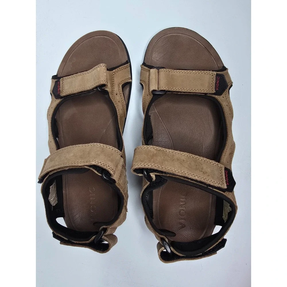 Vionic Neil Mens Size 9 Leather Orthotic Active Sandals Brown ASR1596 Strappy